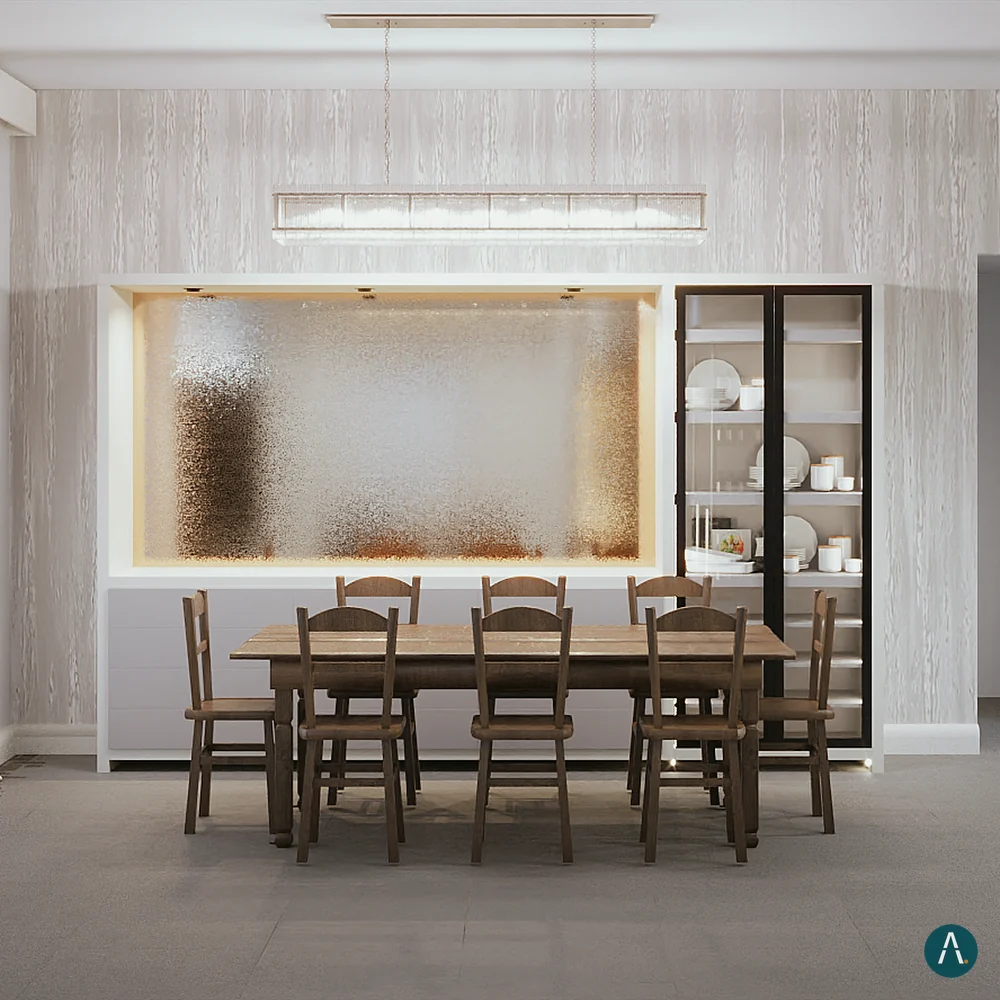 Render 3D de comedor con panel de vidrio retroiluminado y vitrina, hecho por RADART para Custom Closet Florida antes de fabricar