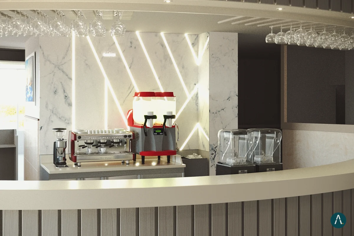 Render del diseño de la barra curva de Brisa Marian Bar en Bogotá, con mármol, luces lineales y máquina de café