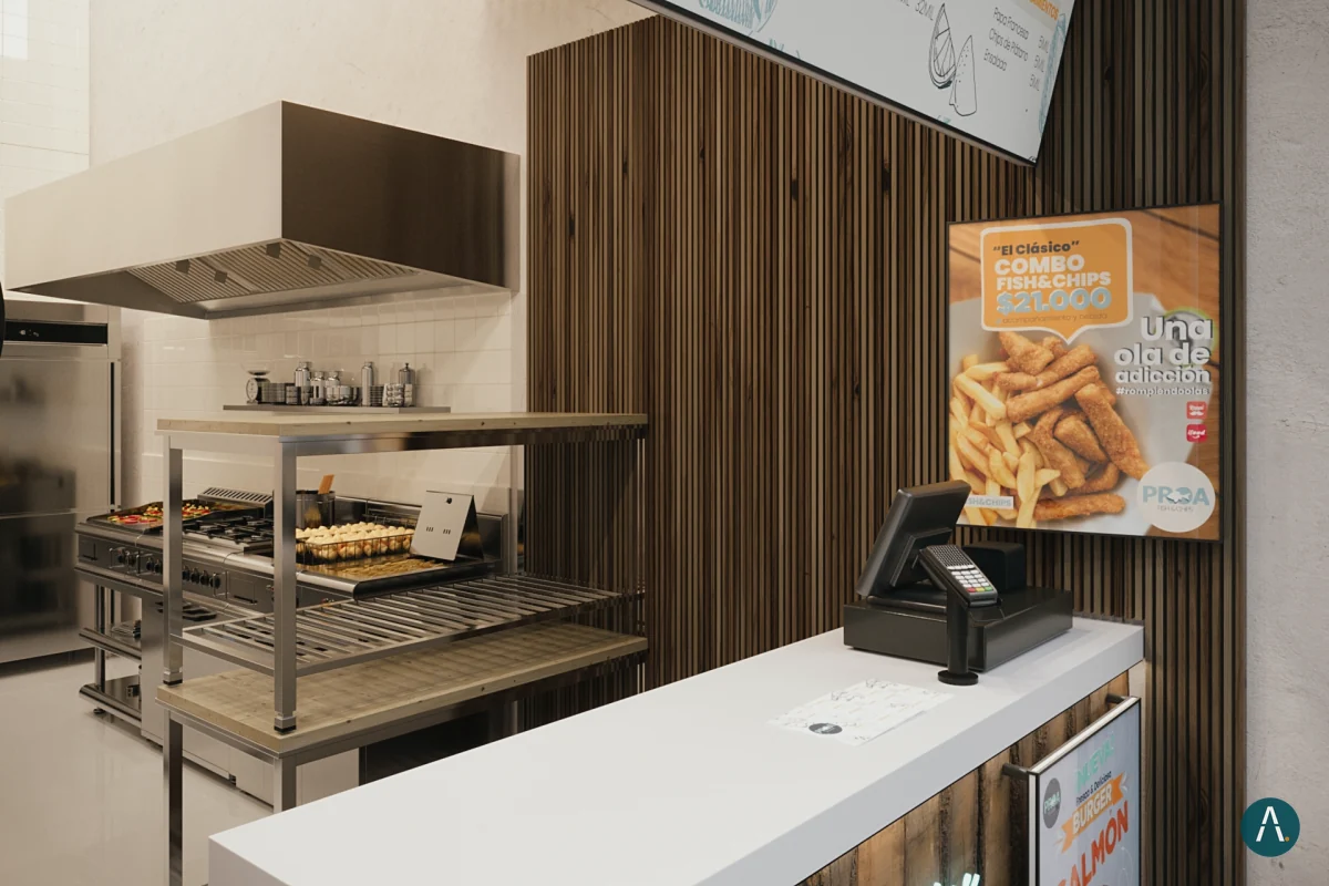 Render de la cocina del local Proa en Bogotá: plancha, mesa de acero, campana y mostrador de atención