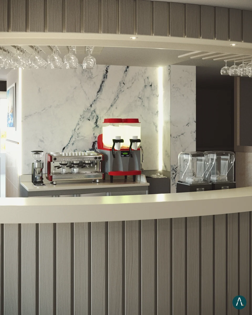 Render vertical de la barra en mármol de Brisa Marian Bar en Bogotá, con estantería de copas e iluminación