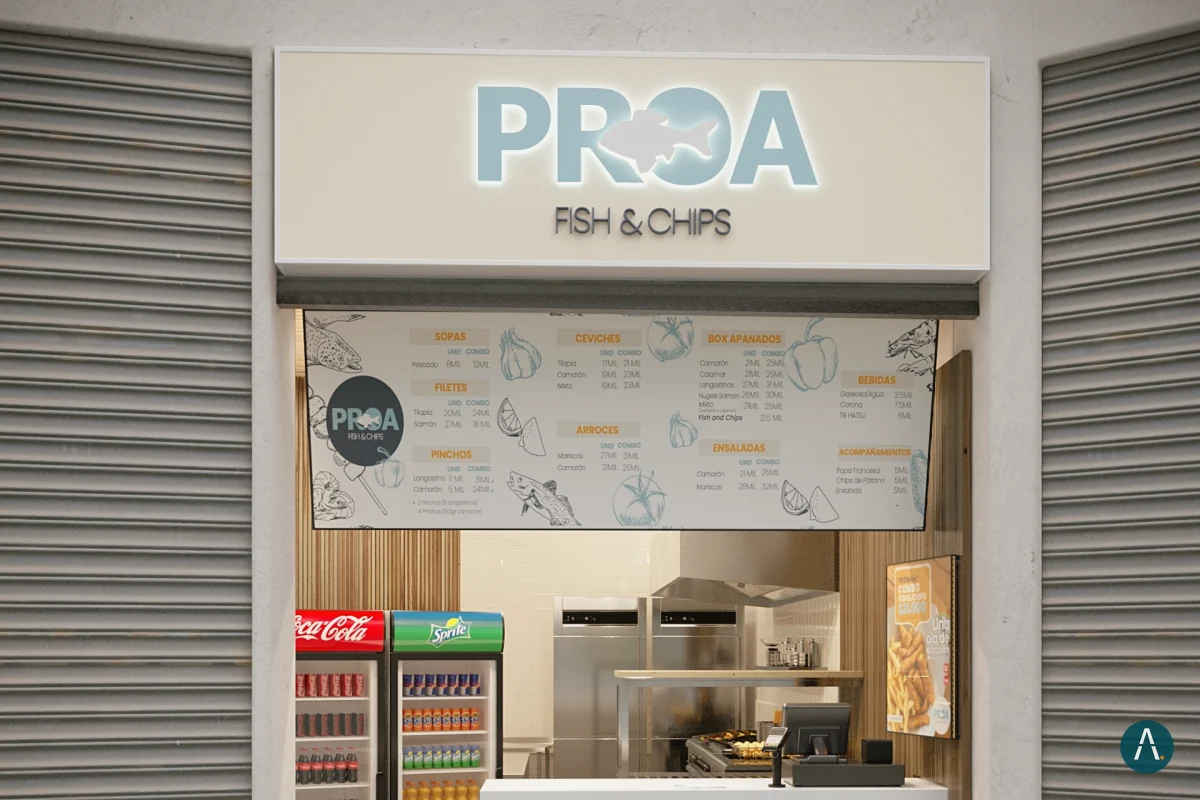Render del diseño del local Proa Fish & Chips en Bogotá: fachada con letrero iluminado, menú, neveras y cocina a la vista