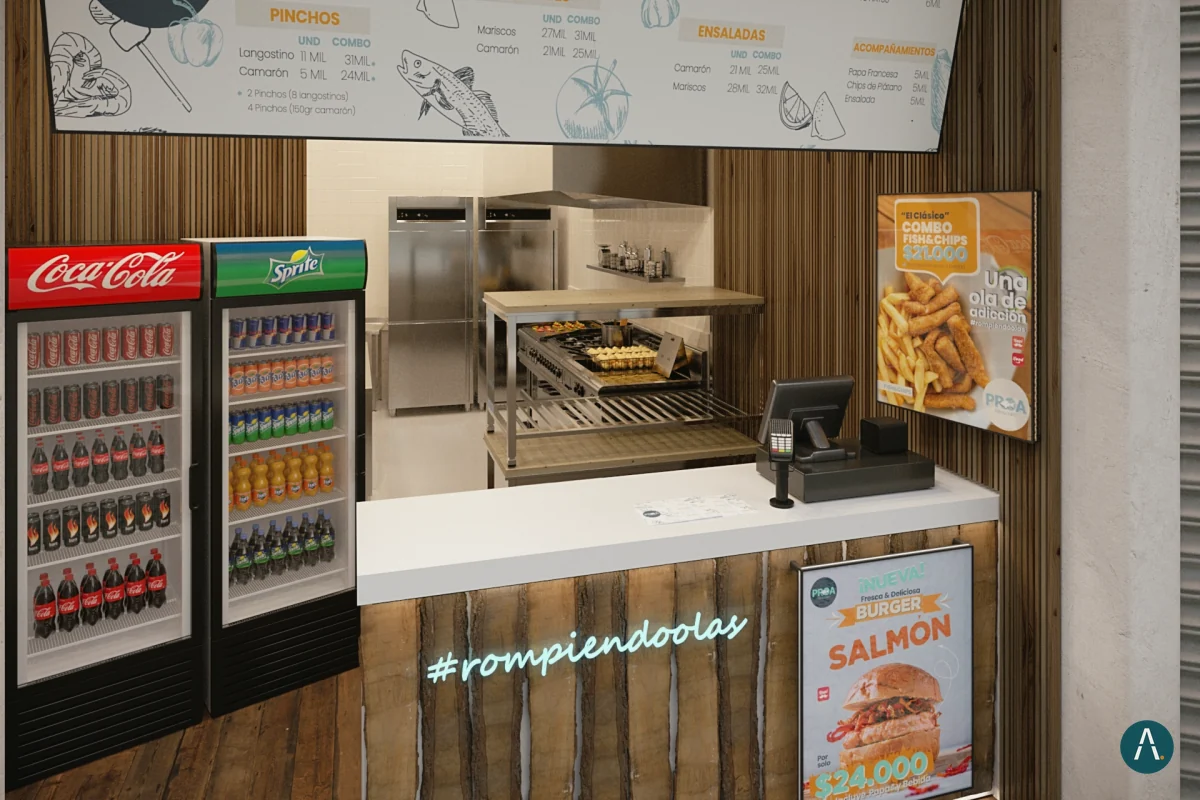 Render del local Proa en Bogotá: mostrador en madera, neveras de bebidas, caja y cocina abierta