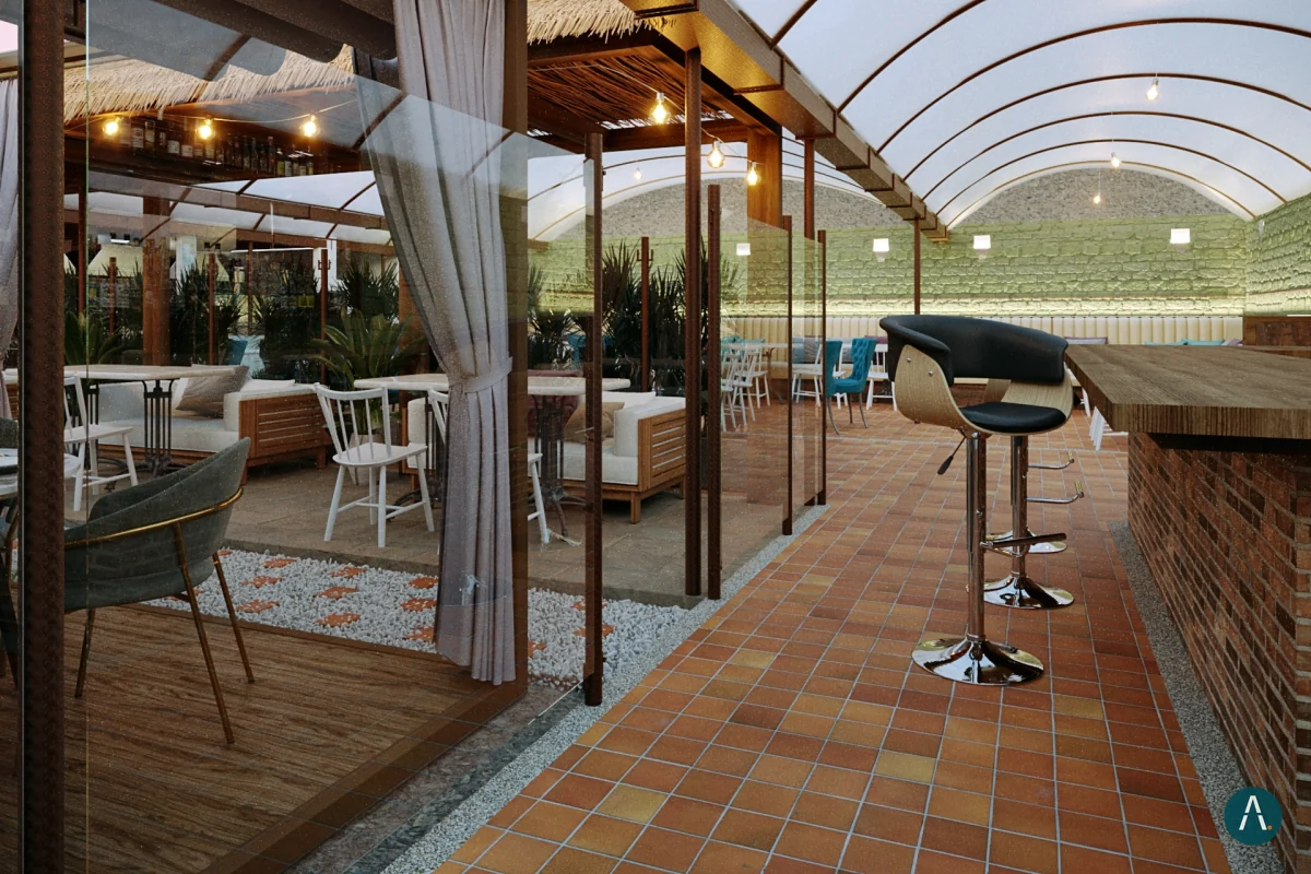 Render del restaurante Naviero en Sopó: barra en ladrillo y madera bajo cubierta en arco, con cortinas y sillas altas