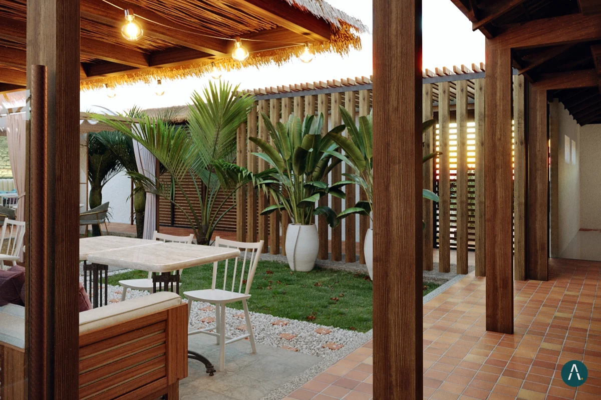 Render del restaurante Naviero en Sopó: sala lounge exterior con muebles de madera, mesas y jardín