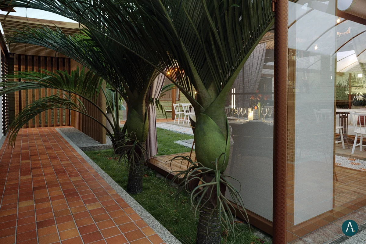 Render del restaurante Naviero en Sopó: sendero en tableta de barro entre palmas y la terraza de vidrio