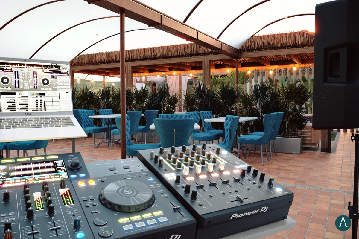 Render del restaurante Naviero en Sopó con zona de DJ, sillas tapizadas y terraza cubierta con arcos