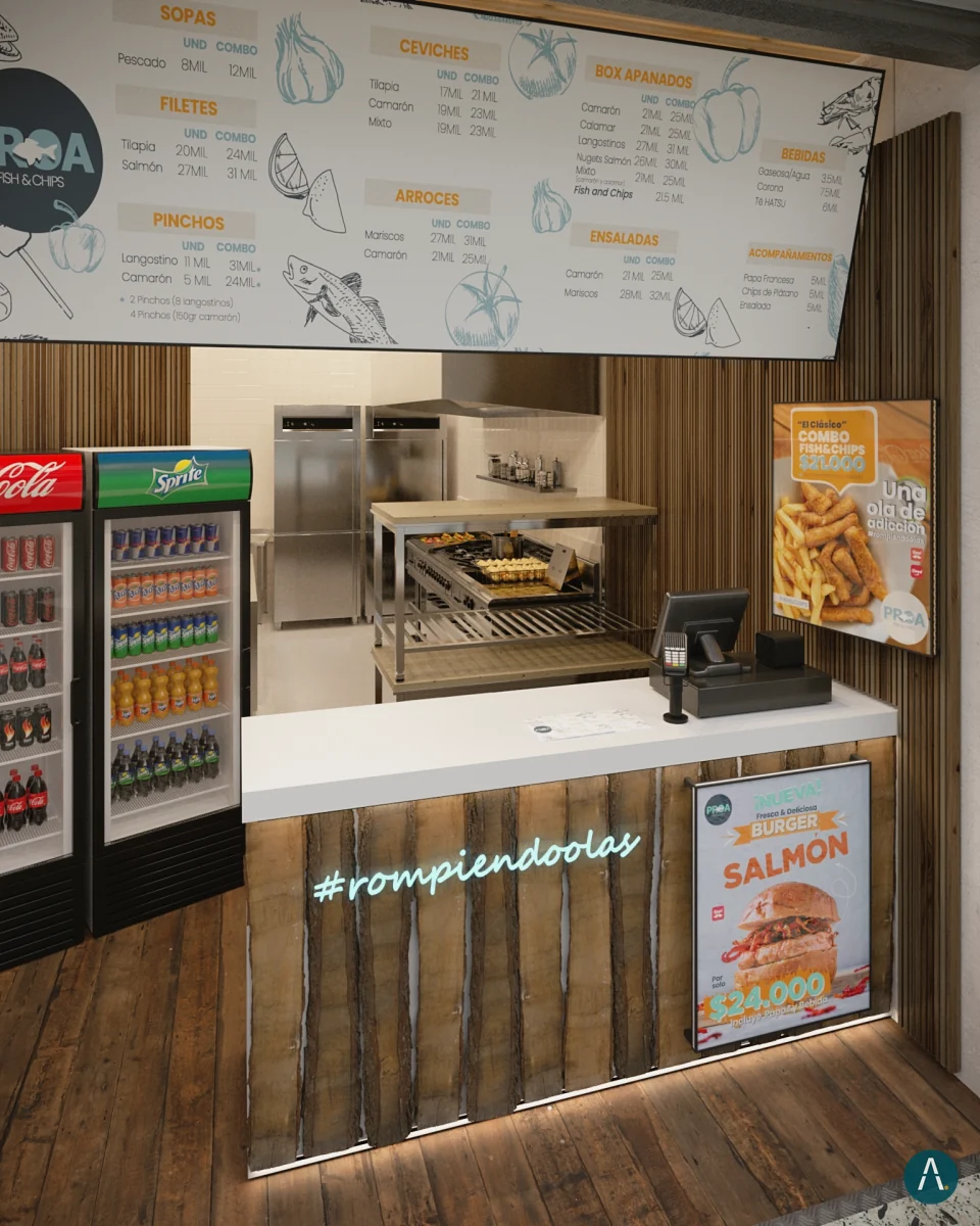 Render vertical del local Proa en Bogotá, un restaurante pequeño con mostrador, menú, neveras y cocina a la vista