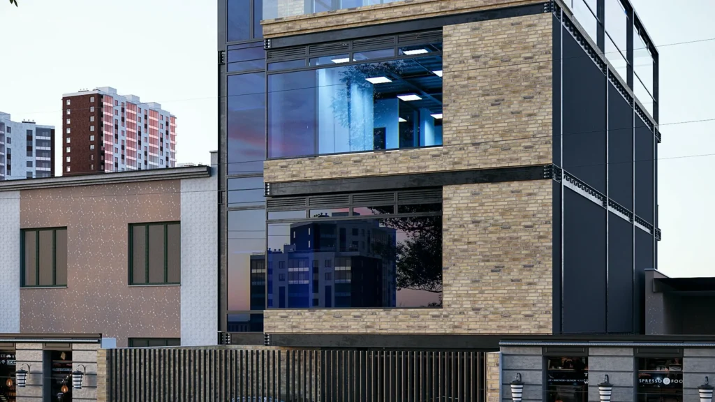 Render de edificio de tres pisos en Bogotá para trámite de licencia