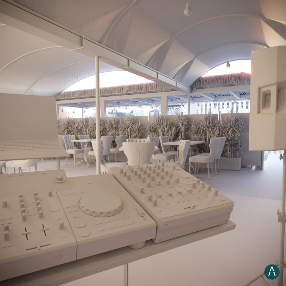 Modelo 3D en blanco de la zona DJ del restaurante Naviero en Sopó, antes de aplicar materiales