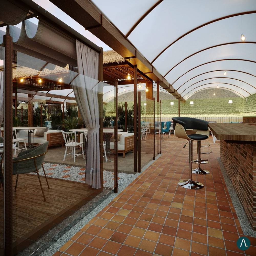 Render final de la barra del restaurante Naviero en Sopó, con materiales, luz y mobiliario