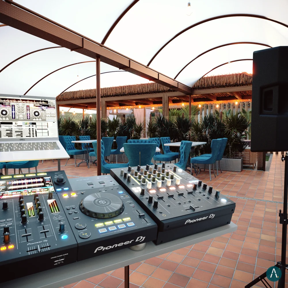 Render final de la zona DJ del restaurante Naviero en Sopó, con materiales, luz y mobiliario