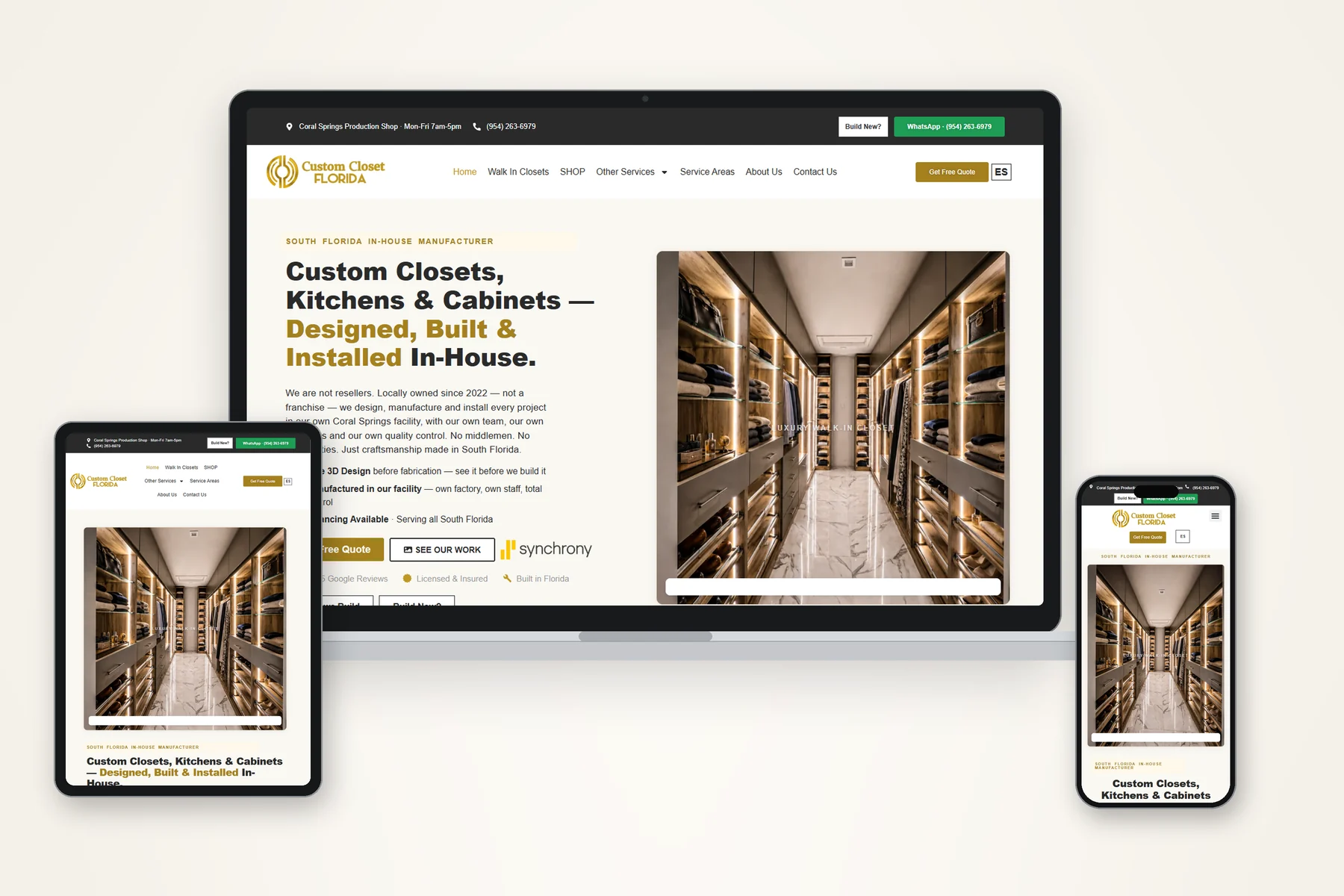 Sitio web de Custom Closet Florida, fabricante de closets y cocinas en Florida, adaptado a portátil, tablet y celular