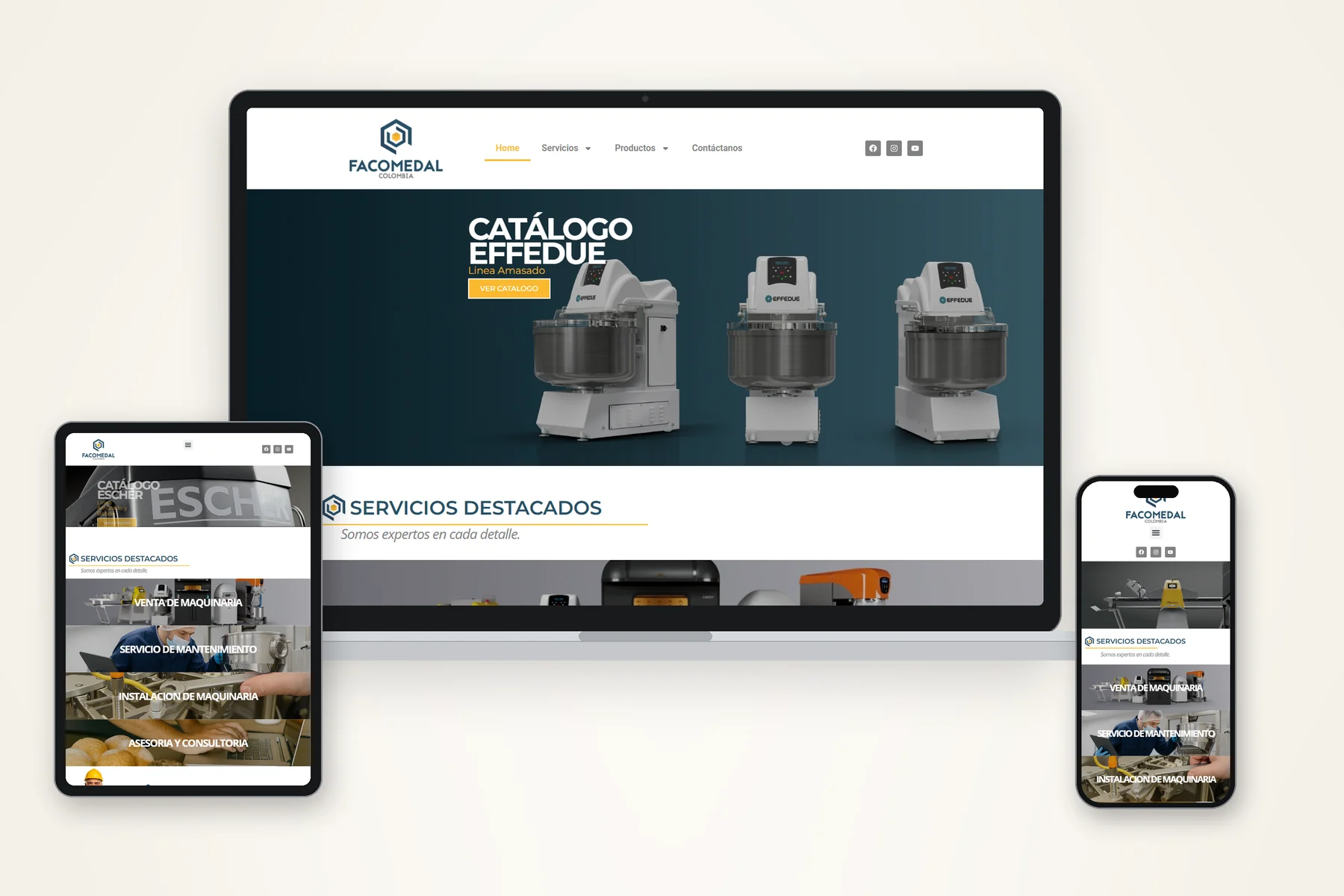 Sitio web de Facomedal Colombia, maquinaria para panadería y alimentos, adaptado a portátil, tablet y celular