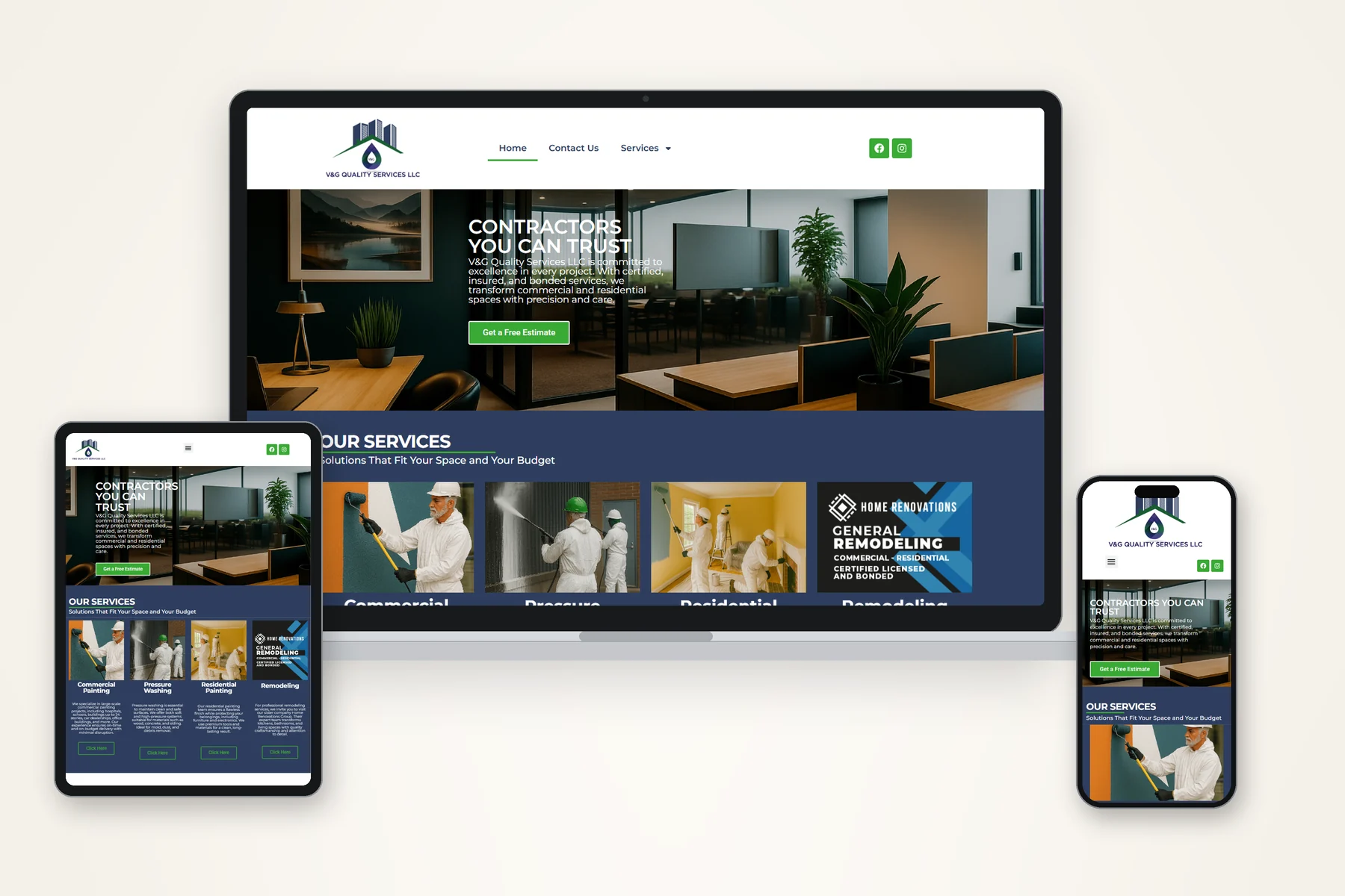 Sitio web de V&G Quality Services, empresa de pintura y remodelación en Florida, adaptado a portátil, tablet y celular