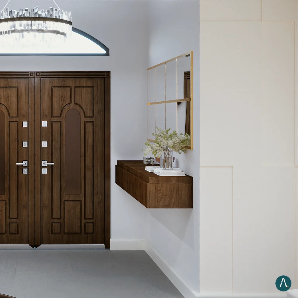 Render 3D de recibidor con consola flotante en madera y espejo junto a la puerta de entrada, para Custom Closet Florida
