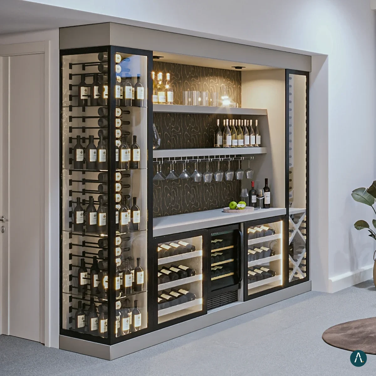 Render del bar y cava de vinos diseñado por RADART antes de fabricarse