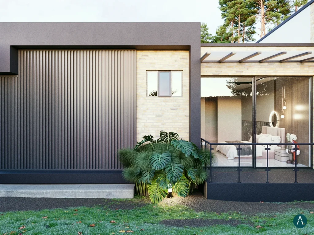 Render de casa campestre en Sopó con fachada en ladrillo y madera