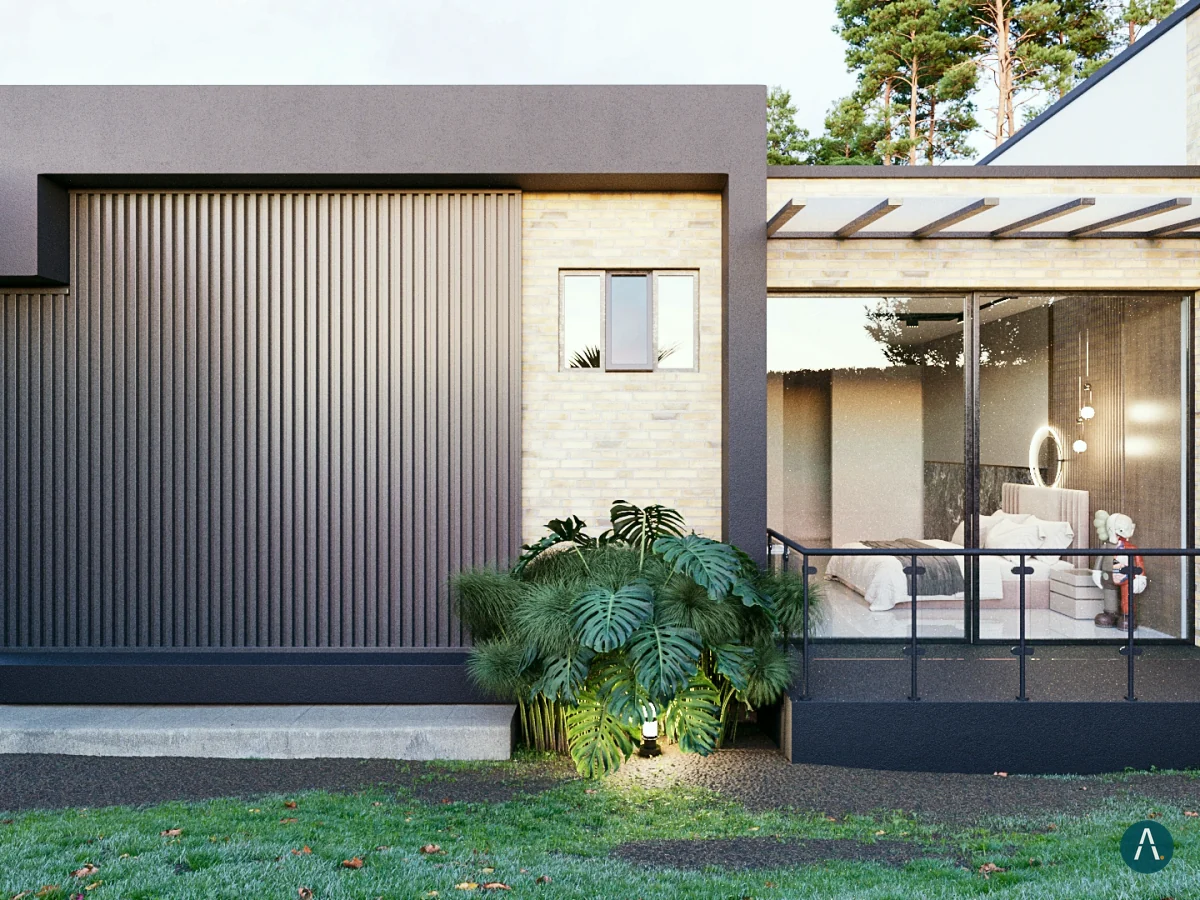 Render de casa campestre en Sopó con fachada en ladrillo y madera