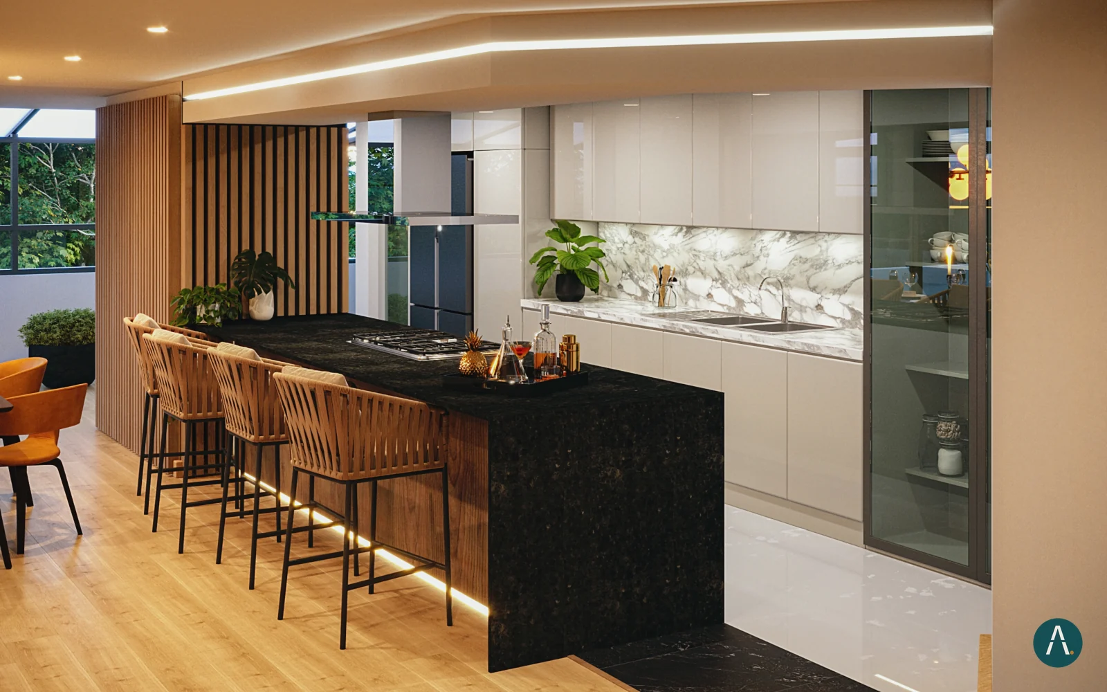 Render de cocina abierta con barra en apartamento de Bogotá