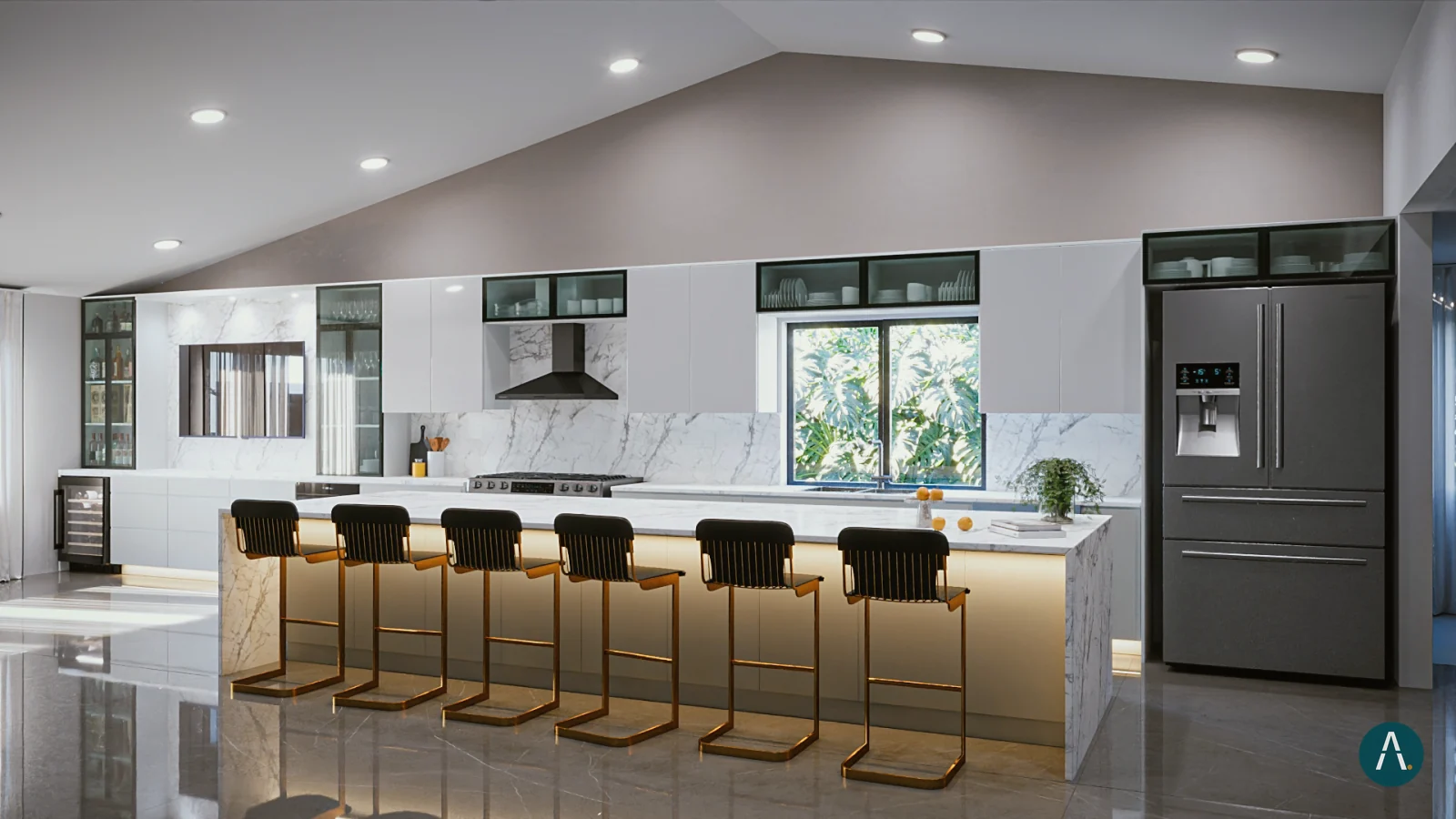 Render de cocina abierta con isla de mármol y barra para Custom Closet Florida