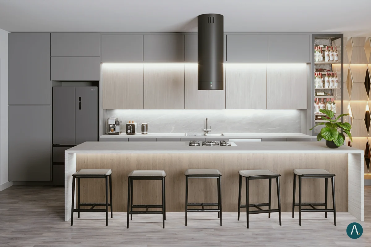 Render de cocina gris con isla de madera, bancos y campana negra suspendida, para Custom Closet Florida