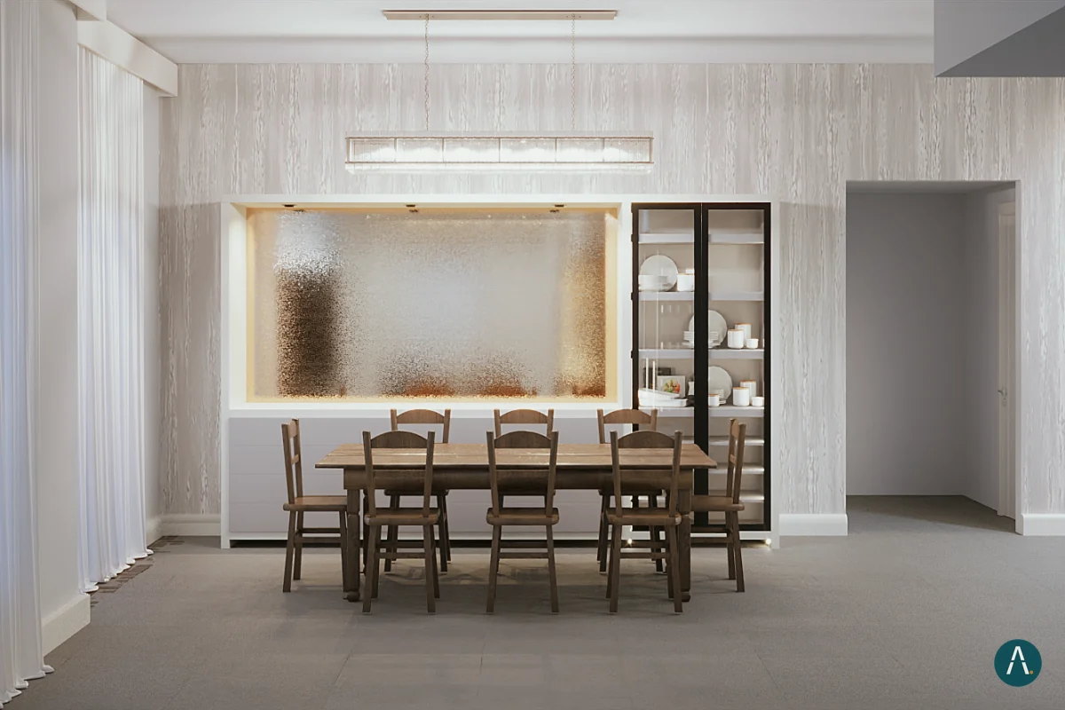 Render de comedor con panel de vidrio retroiluminado y vitrina, Florida, EE. UU.