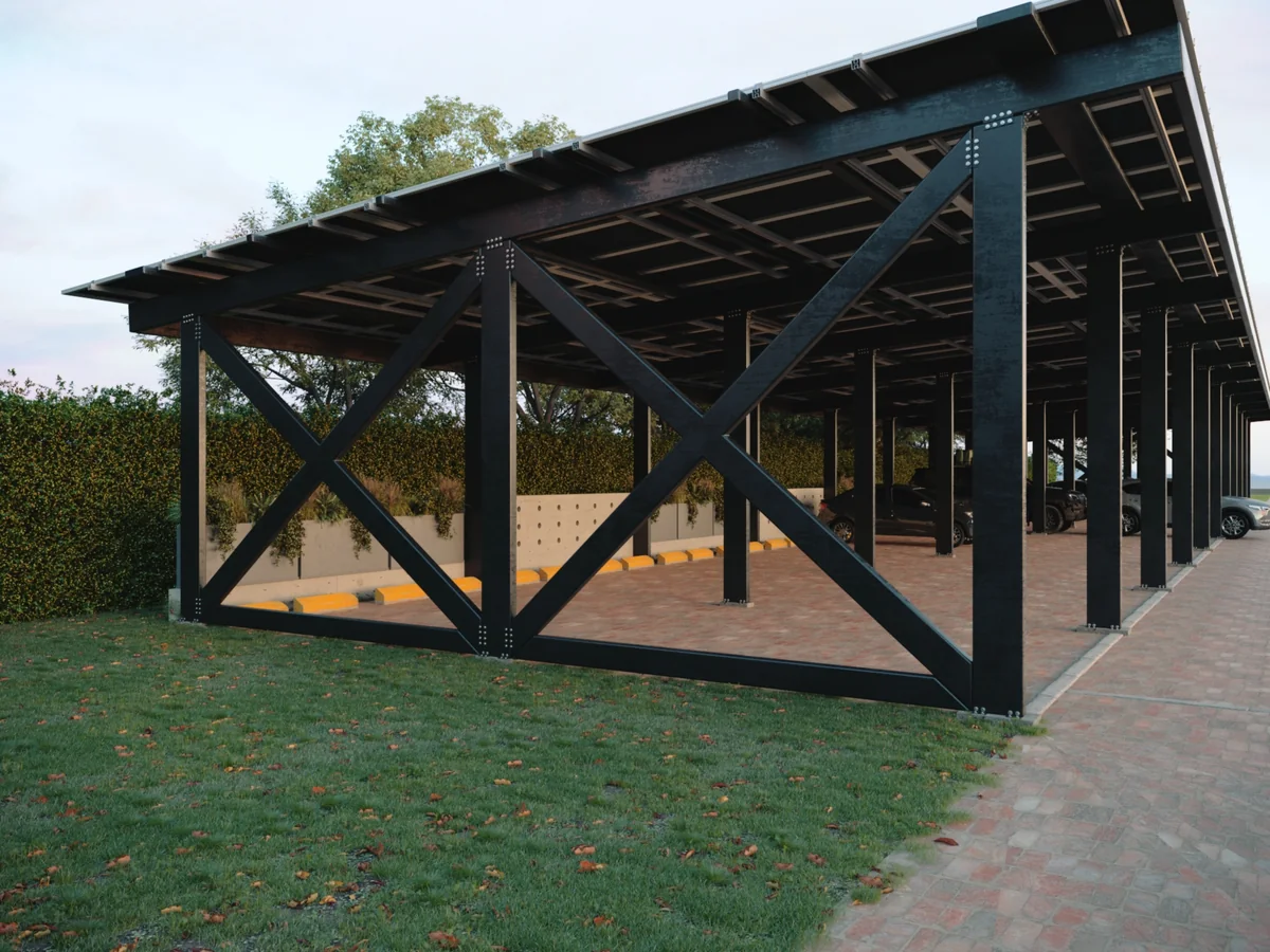 Render fotorrealista de día de la cubierta metálica del parqueadero del área administrativa de Banco Finandina en Bogotá
