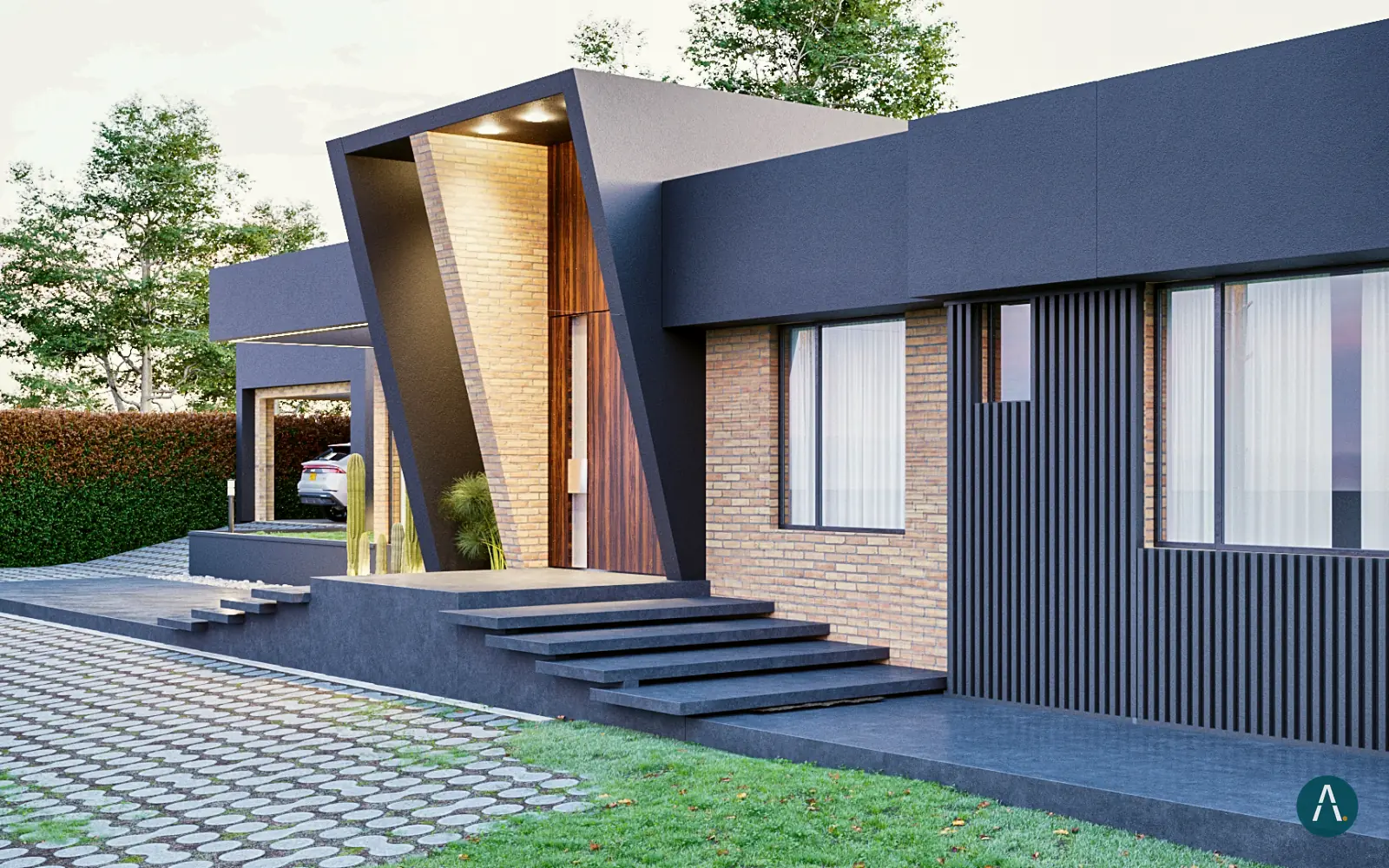 Render de fachada de casa campestre en Sopó, Cundinamarca