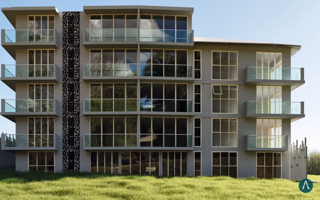 Render de fachada de edificio multifamiliar para vender sobre planos