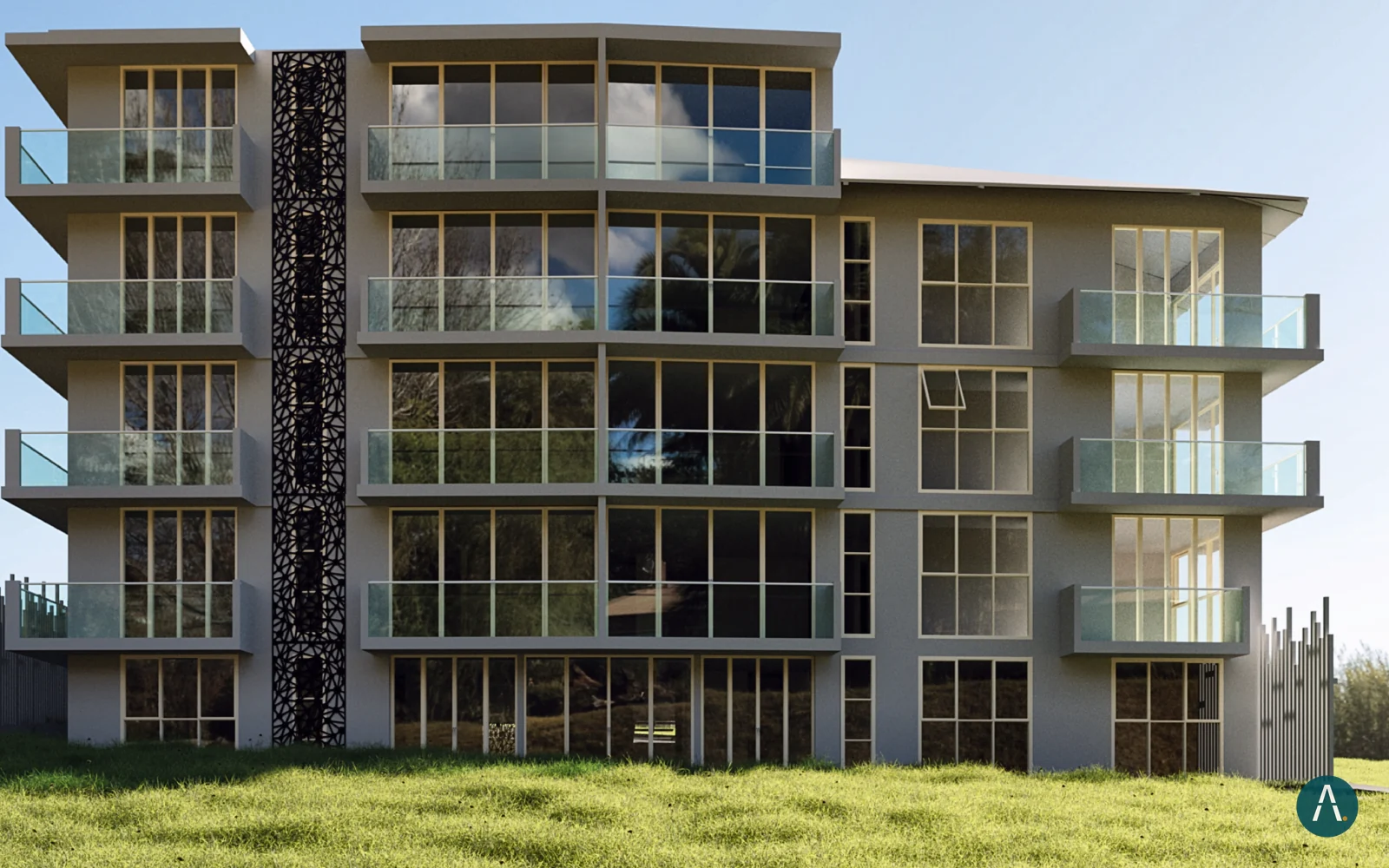 Render de fachada de edificio multifamiliar para vender sobre planos
