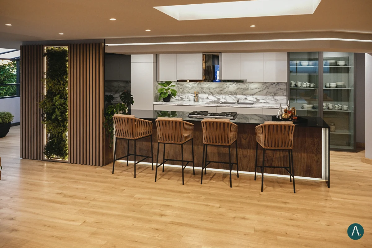Render interior de cocina abierta con barra, sillas de madera y jardín vertical
