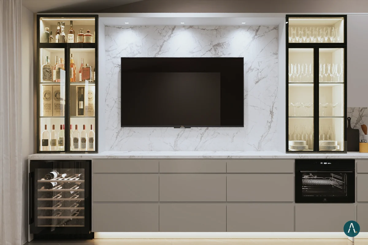 Render interior de pared de cocina en mármol con TV, vitrinas iluminadas y cava de vinos