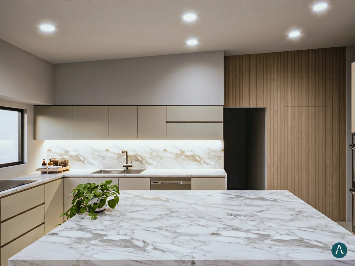 Render interior de cocina en L con isla de mármol, alacenas claras y despensa en madera