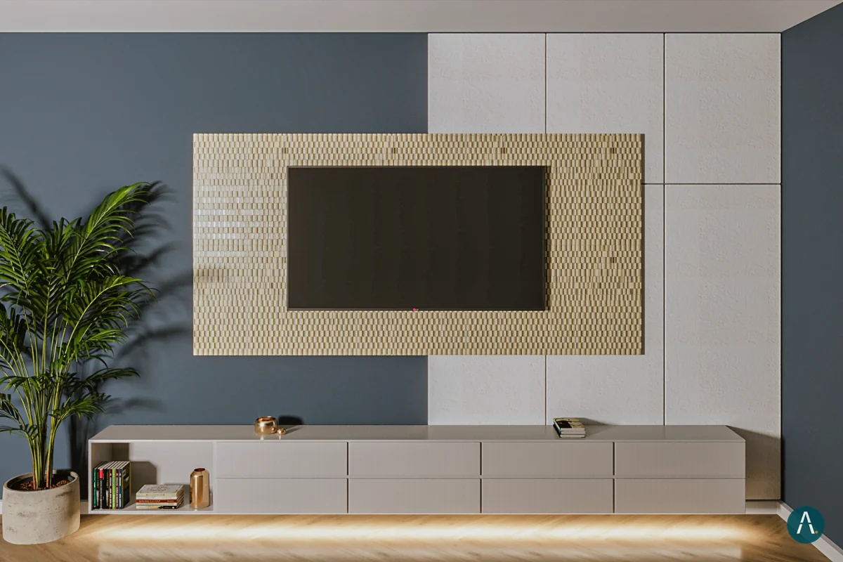 Render interior de mueble de TV flotante con panel texturizado y pared azul