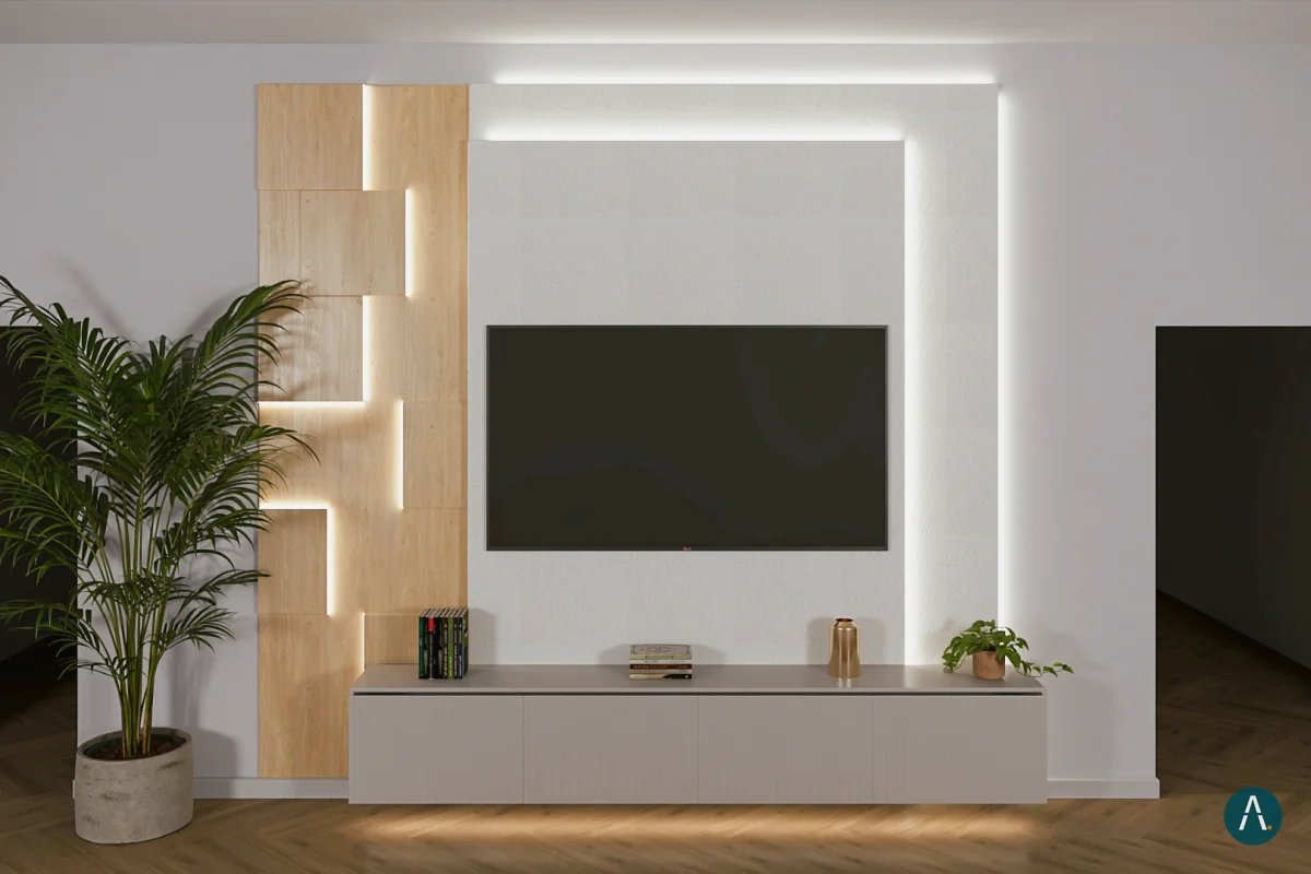 Render interior de pared de TV blanca con listones de madera y luz LED perimetral
