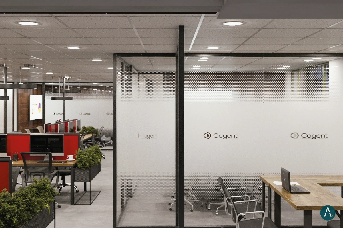 Render interior de oficina abierta con puestos de trabajo, jardineras y sala de vidrio, oficinas Cogent Andina en Bogotá