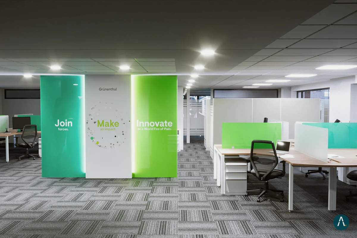 Render interior de oficina corporativa con puestos de trabajo y paneles de marca retroiluminados