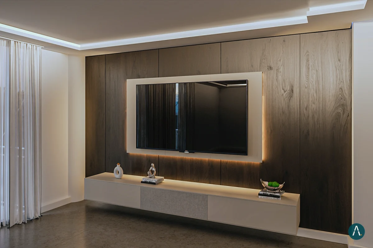 Render interior de pared de TV en madera oscura con marco iluminado y mueble flotante