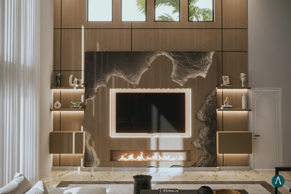 Render interior de sala con muro de piedra, chimenea, TV retroiluminado y repisas iluminadas