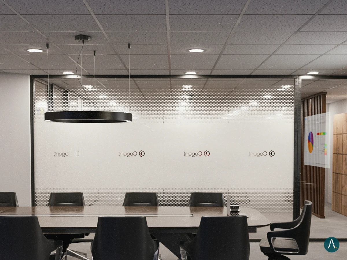 Render interior de sala de juntas con mesa larga, sillas negras y divisiones de vidrio, oficinas Cogent Andina en Bogotá