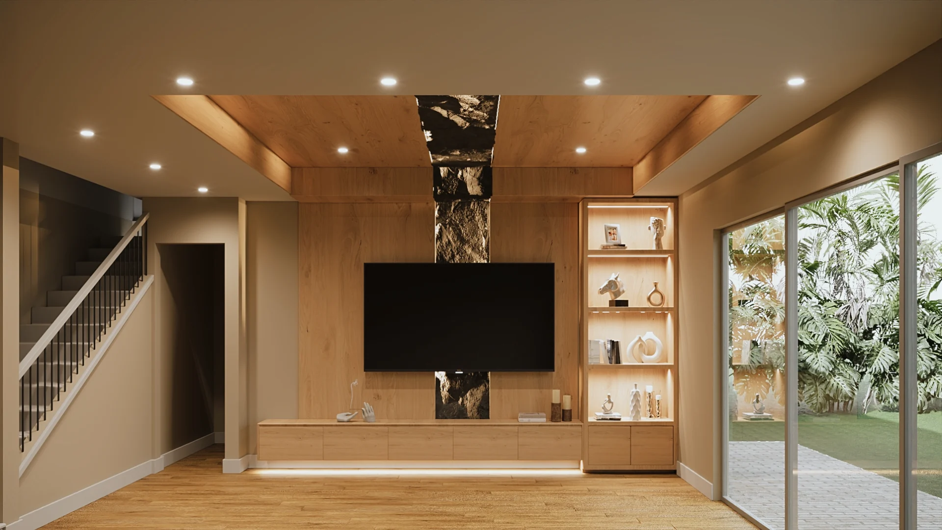 Render interior fotorrealista de sala con mueble de TV en madera, columna de mármol negro y vista al jardín
