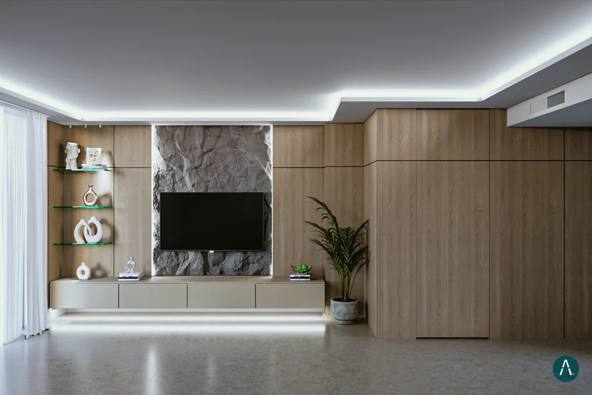 Render interior de sala con panel de piedra, paneles de madera y cielo raso con luz indirecta