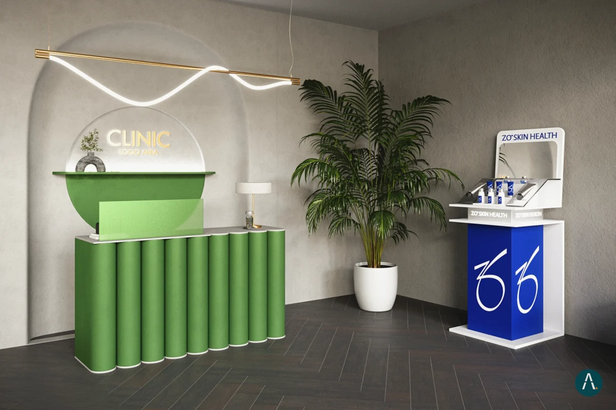 Render de mobiliario de exhibición: recepción curva en verde, arco iluminado y exhibidor de producto
