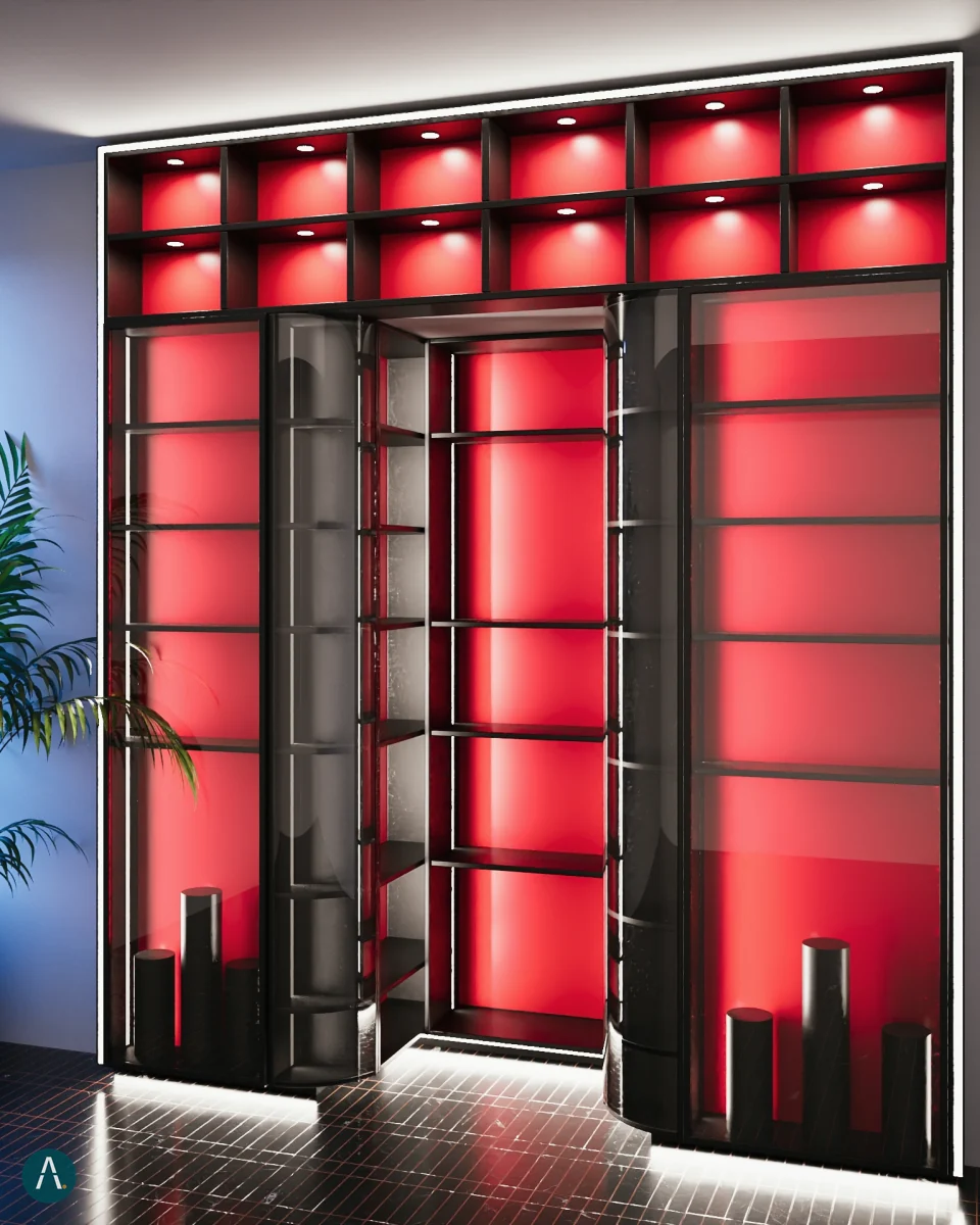 Render de clóset reach-in negro con paneles rojos retroiluminados para Custom Closet Florida