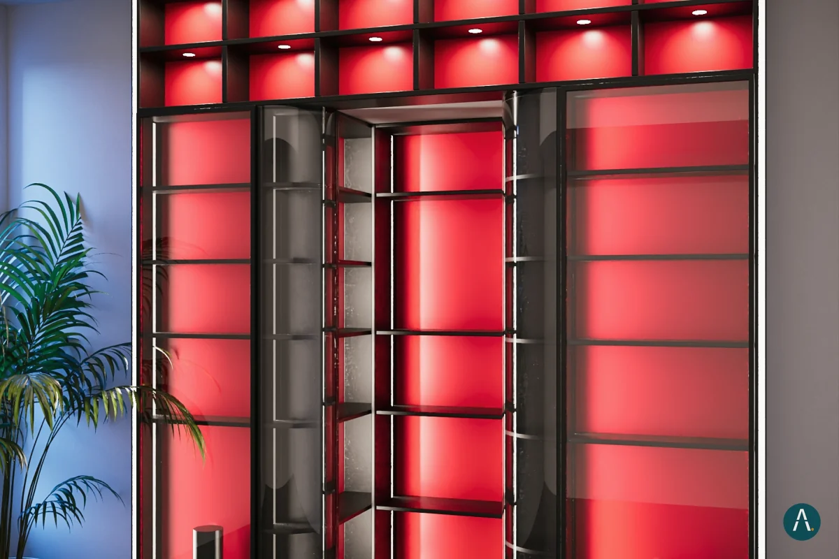 Render de clóset reach-in negro con paneles rojos retroiluminados para Custom Closet Florida