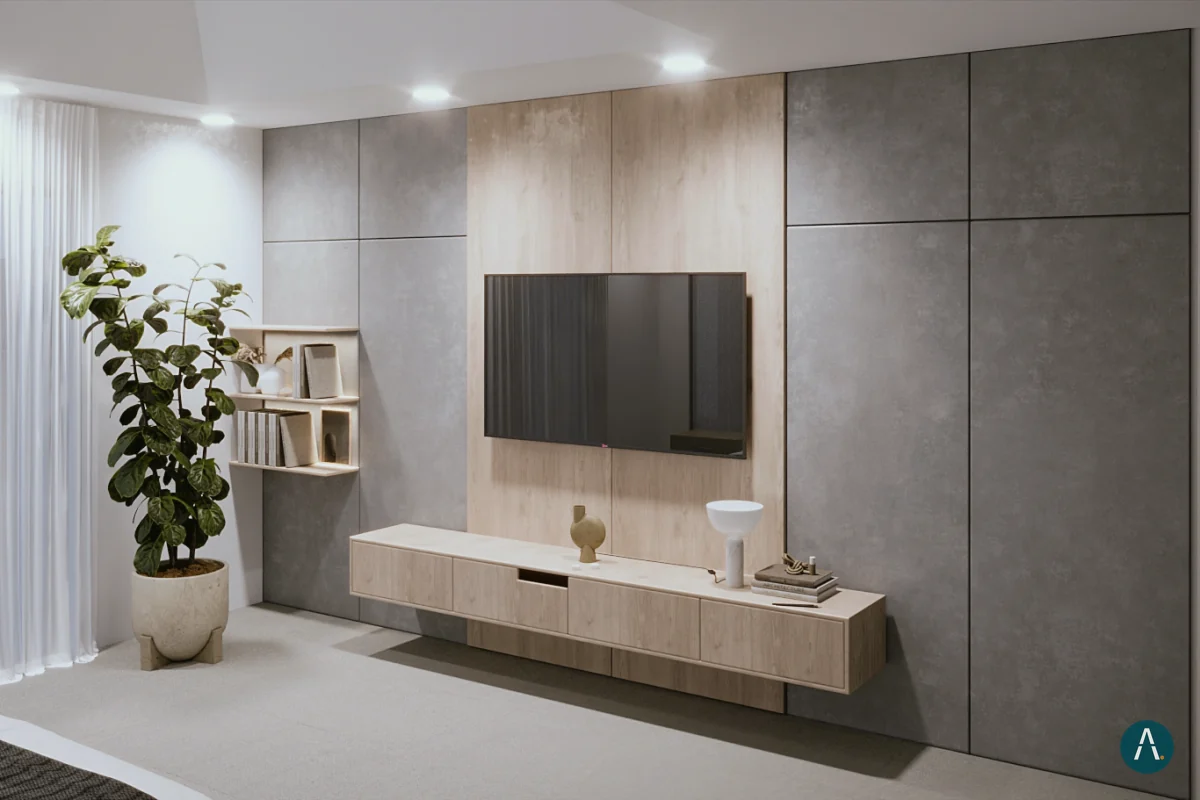 Render de mueble de TV con paneles grises y madera, Florida, EE. UU.