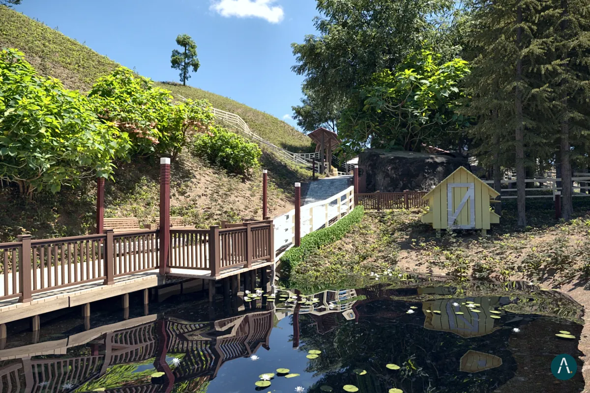 Render de paisajismo y senderos para Termales Los Volcanes