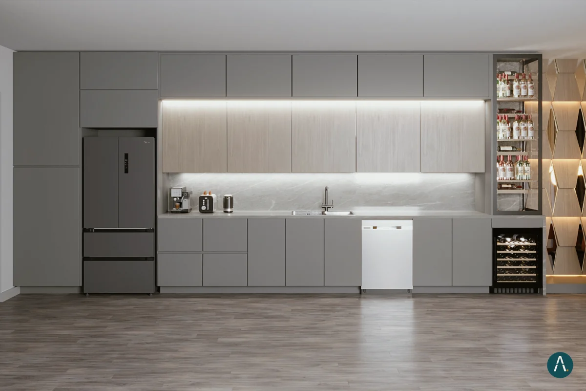 Render de cocina lineal gris con luz bajo alacena y cava de vinos, Florida, EE. UU.