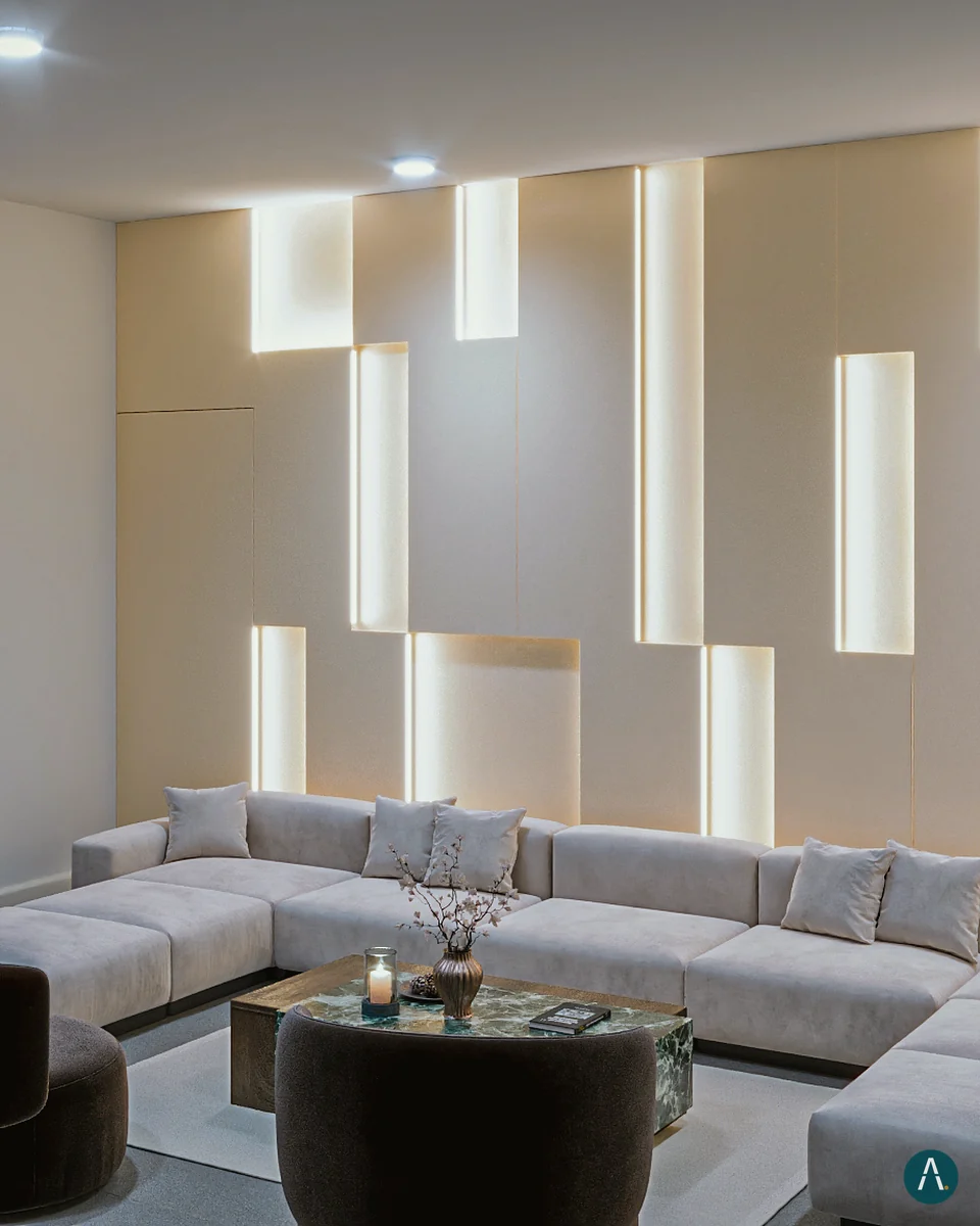 Render de sala con pared de paneles y ranuras verticales retroiluminadas junto a la entrada, para Custom Closet Florida