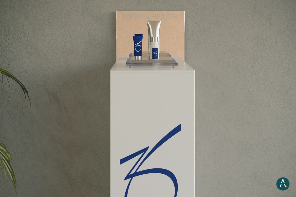 Render de pedestal exhibidor blanco con producto y logo de marca